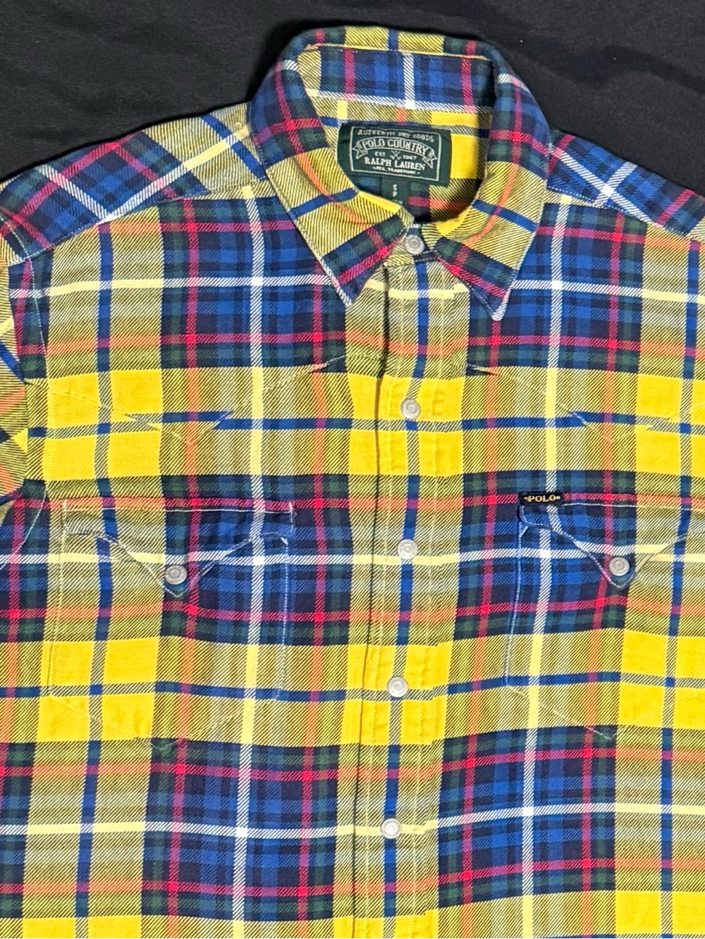 Polo Country Ralph Lauren Men's Small Plaid Flannel Yellow Blue Long Sleeve Snap